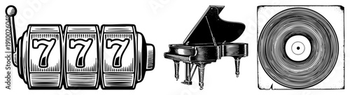 Classic slot machine showing triple 7s, piano with open lid, vinyl record with grooves, all in black and white vector art, gambling, music, nostalgia.