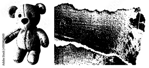 Stylized plush teddy bear with visible, halftone dot, isolated on torn paper texture, nostalgic toy, childhood comfort object.