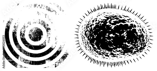 Two abstract circular designs with grunge texture, distressed halftone, concentric rings, and, ideal for graphic design or print.