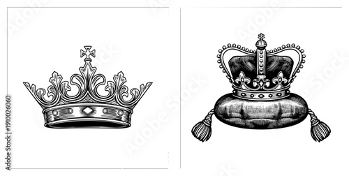 Detailed crown with finial and scrollwork, regal crown on cushion, monarch headpiece, crown illustration, crown, insignia.