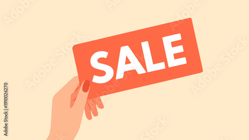 woman hand holding sale banner shopping discount special offer flat color vector illustration template design