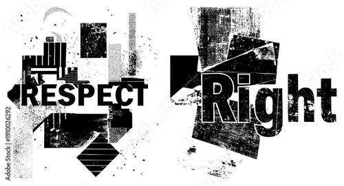Graphic design with fragmented text and bold shapes, urban stencil style, halftone textures, abstract composition, typographic art, black and white vector.