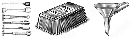 Chemical compound block labeled zinc sulfide, 99.9 purity, alongside precision hand tools and funnel, technical illustration, lab equipment, industrial chemistry.