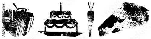 Retro halftone food with leaf, tiered birthday cake with candle, carrot with greens, cheese wedge with holes. Stylized vector graphics for design use.