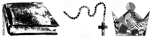 Sacred objects rendered in halftone style holy book, prayer beads, regal crown vector art for spiritual or devotional contexts.