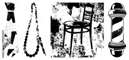 Grunge style vector barber pole, rosary beads, wooden chair, halftone texture, isolated foreground elements, classic symbols.
