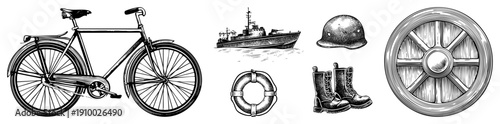 Classic bicycle with spoked wheels, naval warship at sea, military helmet, lifebuoy ring, combat boots, wooden ship wheel all in vector style.