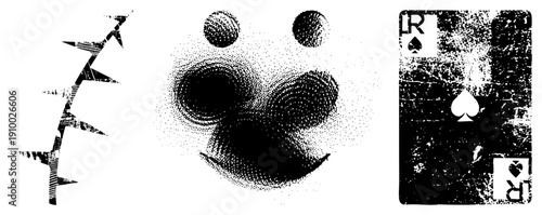 Stylized halftone face, distorted playing card, jagged vector, graphic design, glitch art elements, retro print aesthetic, digital illustration.