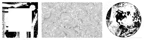 Black and white contour depicting elevation, topographic map style, earth globe silhouette, geographic terrain, vector graphic design.