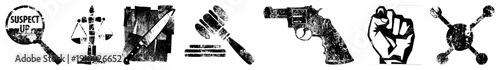 Legal justice including scales, gavel, and suspect magnifying glass, crime related with knife and revolver, gritty vector symbols for law enforcement or mystery themes.