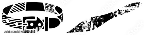 Graphic vector of shoe tread and knife blade, bold black shapes, gritty texture, isolated design elements, urban or tactical theme.