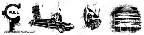Grunge style vector pull sign, limo, shipwreck, staircase. Black and white, textured, isolated elements. Urban, travel, maritime, architecture themes.