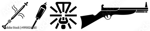 Vector of smoking dart, aerosol can, explosion symbol, and shotgun all in solid black silhouette style. Tactical, military, or hazard themed graphic elements.