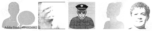 Pixelated halftone portraits of people, stylized human figures, dot matrix art, graphic design elements, character illustrations.