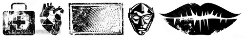 Black and white distressed graphic including medical kit, anatomical heart, textured frame, geometric mask, and stylized lips. Retro stencil art,, gritty texture.