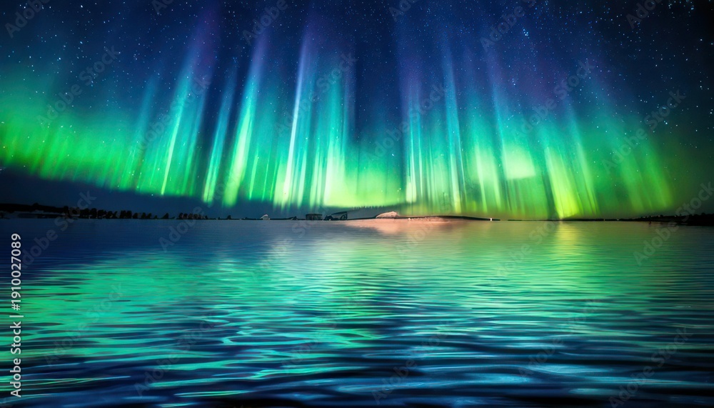 Fototapeta premium Spectacular Northern Lights Display Reflected in Calm Waters Under Starry Sky.