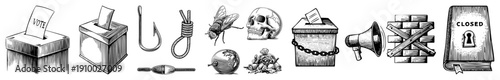 Political symbols including ballot box, fishing gear, death, globe, locked book, megaphone, and brick wall. Vector illustrations for protest, democracy, or restriction themes.