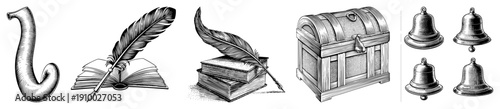 Classic quill pen resting on open book, ornate horn, wooden treasure chest, vintage bells, scholarly symbols, historical stationery, literary artifacts.