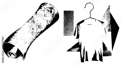 Retro film roll with grain texture, halftone shirt on hanger, vector illustration, black and white, graphic design element, isolated cutout.