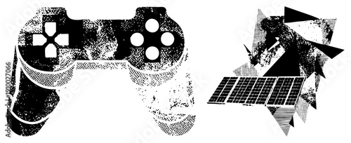 Black and white halftone vector graphics of gamepad and satellite, digital art, tech, isolated elements, stylized tech, gaming hardware, space tech.