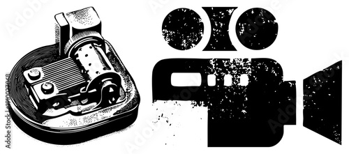 Retro film camera with film reel and lens, mechanical music box with gears and winding key, halftone texture, black and white vector art, isolated graphic elements.