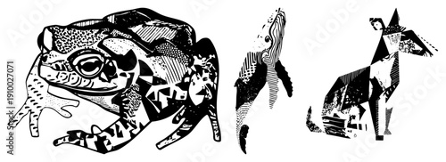 Abstract animal illustrations using halftone and geometric, stylized wildlife, graphic design elements, vector art, black and white, artistic rendering, isolated subjects.