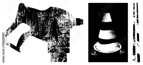 Distressed halftone megaphone and traffic cone, gritty texture, vector graphic, isolated symbols, urban signage, protest tools, communication devices.