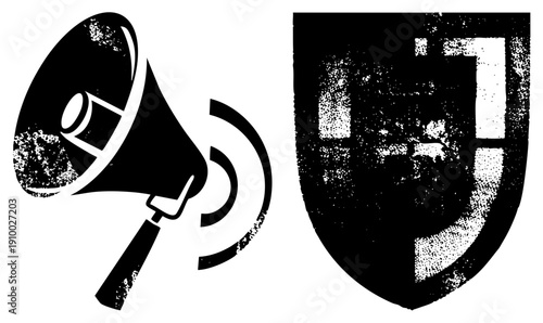 Black and white vector megaphone emitting sound waves, shield with, distressed halftone texture, communication and protection symbols.
