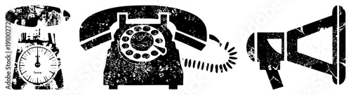 Retro communication tools including analog scale, rotary telephone, and megaphone, rendered in distressed black and white vector style, ideal for design projects.