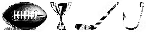 Athletic symbols including football, championship trophy, hockey stick, and fishing hook, rendered in gritty halftone texture, ideal for sports branding or retro design projects.
