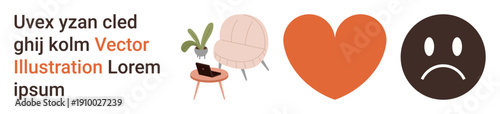 Emotional health, interior design, self-expression, feelings, minimalism, mental wellness. Cozy chair, table plant heart and sad face symbols. Emotional health and self-expression concepts