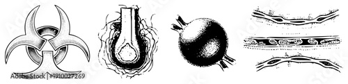 Vector including biohazard symbol, onion anatomy, pomegranate fruit, and vascular sections, rendered in halftone style with isolated foreground elements.