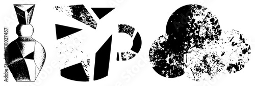 Fragmented geometric forms with halftone texture, abstract composition, modern graphic design, vector art, isolated shapes, stylized fragments,.