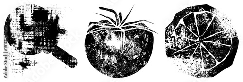 Grunge style vector featuring coffee mug, spider, citrus slice distressed textures, bold, design for graphic use.