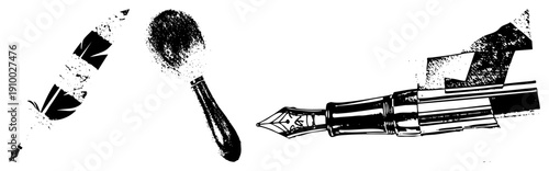 Classic quill pen, paintbrush, and fountain pen rendered in gritty halftone, artistic tools for calligraphy and illustration, vector.