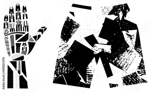 Stylized robotic hand with barcode textures and fragmented human figure, halftone and glitch effects, digital art, vector illustration, tech human fusion.