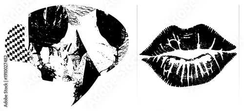 Stylized lips print and fragmented skull design, halftone texture, graphic art, black and white vector, isolated elements, tattoo or poster style.