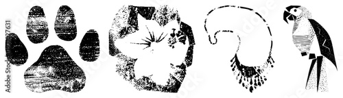 Graphic of paw print, cat face, necklace, parrot rendered in halftone texture, vector art, isolated design elements, black and white illustration.