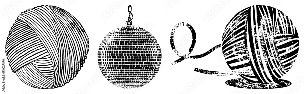 Obraz premium Classic disco mirror ball, spool of yarn, textile craft, retro graphic design, black and white vector illustration, stylized, isolated.