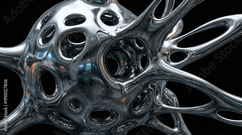 High-Resolution 3D Render of Abstract Liquid Metal Sculpture with Organic Branches and Droplets, Futuristic Biomorphic Design on Black Background