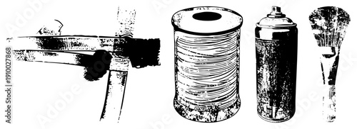 Classic artist supplies paintbrush, aerosol can, thread spool, paint tube, creative tools, studio essentials, black and white vector illustration.
