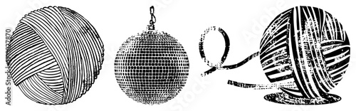 Classic disco mirror ball, spool of yarn, textile craft, retro graphic design, black and white vector illustration, stylized, isolated.