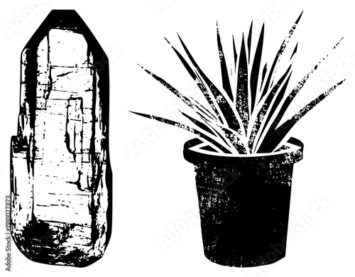 Stylized crystal and spiky succulent in pot, halftone texture, graphic, nature decor, minimalist design.