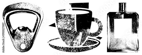 Classic bottle opener, coffee mug, elegant perfume bottle stylized halftone. Commonly used in retro design, branding, or UI elements.