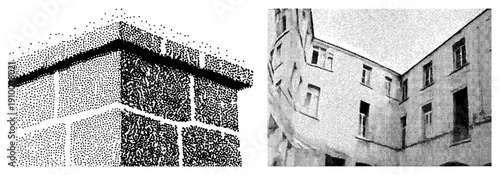 Dot matrix rendering of brick wall texture, halftone print effect, architectural facade simulation, graphic design element,.