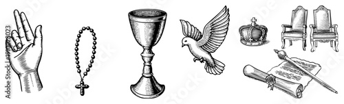 Hand making sign of faith, rosary beads,, of peace, crown, throne chairs, scroll with quill sacred objects, spiritual emblems, liturgical tools, religious.