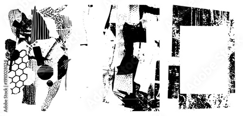 Fragmented black and white graphic with halftone, hexagonal, and striped, abstract composition, vector art, isolated design elements.