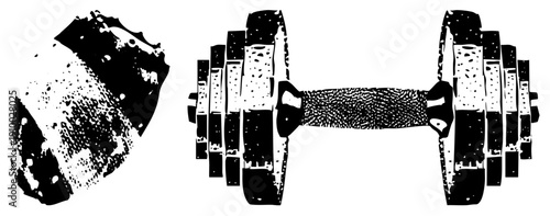 Stylized dumbbell and rock rendered in halftone dot, vector graphic, fitness equipment, gym, workout symbol, design, isolated foreground.