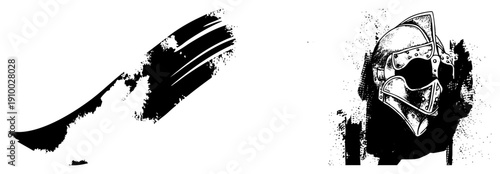 Bold ink brushstroke graphic and detailed knight helmet, vector illustration, art, stylized combat gear, artistic texture.
