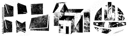 Fragmented polygonal forms with halftone grain, abstract composition, graphic design elements, digital art pieces, vector illustration assets.